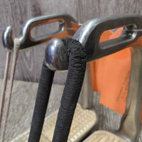 Hvy Peacock Safety Stirrup Irons, 1 els & leather keeper, 1 hair elastic *gc, clean, scratches, residue, mismatched grip

