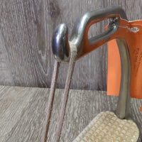 Hvy Peacock Safety Stirrup Irons, 1 els & leather keeper, 1 hair elastic *gc, clean, scratches, residue, mismatched grip
