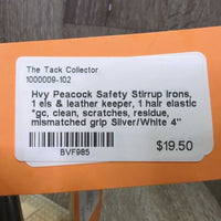 Hvy Peacock Safety Stirrup Irons, 1 els & leather keeper, 1 hair elastic *gc, clean, scratches, residue, mismatched grip
