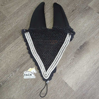 Thick Hvy Tie Down Sound Proof Crochet Ear Bonnet Fly Veim l3x piping, 2x bling, elastic *gc, faded, older, curled edges, twisted bling, older
