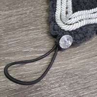 Thick Hvy Tie Down Sound Proof Crochet Ear Bonnet Fly Veim l3x piping, 2x bling, elastic *gc, faded, older, curled edges, twisted bling, older
