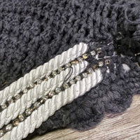 Thick Hvy Tie Down Sound Proof Crochet Ear Bonnet Fly Veim l3x piping, 2x bling, elastic *gc, faded, older, curled edges, twisted bling, older
