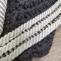 Thick Hvy Tie Down Sound Proof Crochet Ear Bonnet Fly Veim l3x piping, 2x bling, elastic *gc, faded, older, curled edges, twisted bling, older
