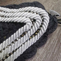 Thick Hvy Tie Down Sound Proof Crochet Ear Bonnet Fly Veim l3x piping, 2x bling, elastic *gc, faded, older, curled edges, twisted bling, older
