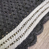 Thick Hvy Tie Down Sound Proof Crochet Ear Bonnet Fly Veim l3x piping, 2x bling, elastic *gc, faded, older, curled edges, twisted bling, older
