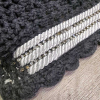 Thick Hvy Tie Down Sound Proof Crochet Ear Bonnet Fly Veim l3x piping, 2x bling, elastic *gc, faded, older, curled edges, twisted bling, older
