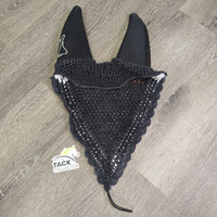 Thick Hvy Tie Down Sound Proof Crochet Ear Bonnet Fly Veim l3x piping, 2x bling, elastic *gc, faded, older, curled edges, twisted bling, older
