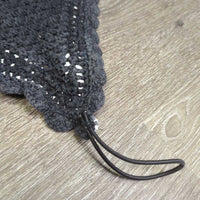 Thick Hvy Tie Down Sound Proof Crochet Ear Bonnet Fly Veim l3x piping, 2x bling, elastic *gc, faded, older, curled edges, twisted bling, older
