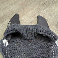 Thick Hvy Tie Down Sound Proof Crochet Ear Bonnet Fly Veim l3x piping, 2x bling, elastic *gc, faded, older, curled edges, twisted bling, older
