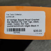 Sound Proof Crochet Ear Bonnet Fly Veil *vgc, clean, older, faded, mnr hair, puckered/shrunk edges
