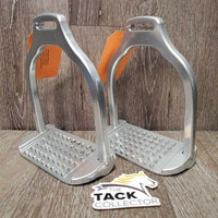 Pr Aluminum Jump Wide Base Stirrup Irons, raised spokes *vgc, mnr dirt, scuffed, scratches
