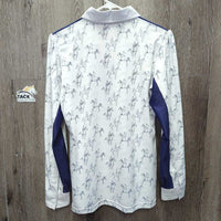 LS Sun Shirt, 1/2 Snap Up, Mesh Sleeves *gc, older?, mnr rubs, cuff stains & snags, dingy?, seam puckers
