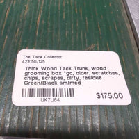 Thick Wood Tack Trunk, wood grooming box, metal edge trim *gc, older, scratches, chips, scrapes, dirty, residue
