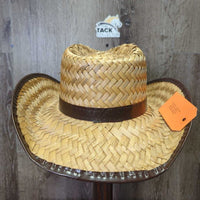 Wide Straw Western Hat, plastic edge *gc, burn? marks, stains, loose & broken ends
