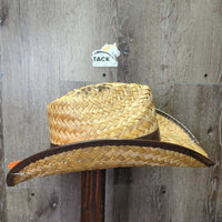 Wide Straw Western Hat, plastic edge *gc, burn? marks, stains, loose & broken ends
