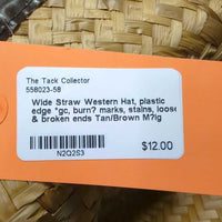 Wide Straw Western Hat, plastic edge *gc, burn? marks, stains, loose & broken ends
