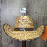 Wide Straw Western Hat, Plastic Edge Trim, Lammle's pin *gc/fair, clean, mnr loose threads & ends, broken/holey top edges
