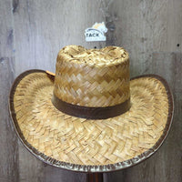 Wide Straw Western Hat, Plastic Edge Trim, Lammle's pin *gc/fair, clean, mnr loose threads & ends, broken/holey top edges
