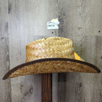 Wide Straw Western Hat, Plastic Edge Trim, Lammle's pin *gc/fair, clean, mnr loose threads & ends, broken/holey top edges

