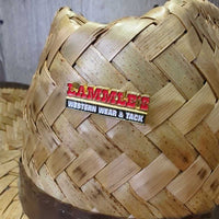 Wide Straw Western Hat, Plastic Edge Trim, Lammle's pin *gc/fair, clean, mnr loose threads & ends, broken/holey top edges

