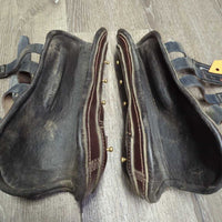 Open Leather Front & Hind Boots, tabs *gc, curled/folded edges, residue, dirty, older
