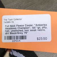 Full Neck Fleece Cooler, "Amberlea Meadows Champion", tail *gc, pilly, hair, unstitched, mnr weak velcro, dirt
