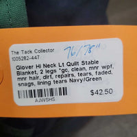 Hi Neck Lt Quilt Stable Blanket, 2 legs *gc, clean, mnr wpf, mnr hair, dirt, repairs, tears, faded, snags, lining tears
