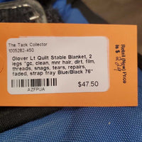 Lt Quilt Stable Blanket, 2 legs *gc, clean, mnr hair, dirt, film, threads, snags, tears, repairs, faded, strap fray
