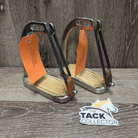 Thick Hvy Peacock Safety Stirrup Irons, grips, elastics, keeper *gc, clean, stains, cracking elastics, discolored, rubs, scratches, mismatched keepers, torn grips
