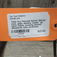 Thick Hvy Peacock Safety Stirrup Irons, grips, elastics, keeper *gc, clean, stains, cracking elastics, discolored, rubs, scratches, mismatched keepers, torn grips
