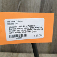 Thick Hvy Peacock Safety Stirrup Irons, grips, elastics, keeper *gc, clean, stains, discolored, rubs, scratches, peeled grips
