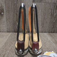 Thick Hvy Peacock Safety Stirrup Irons, grips, elastics, keeper *gc, clean, stains, cracking elastics, discolored, rubs, scratches
