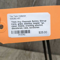 Thick Hvy Peacock Safety Stirrup Irons, grips, elastics, keeper *gc, clean, stains, cracking elastics, discolored, rubs, scratches

