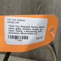 Thick Hvy Peacock Safety Stirrup Irons, grips, elastics, keeper *gc, clean, stains, v.discolored, rubs, scratches
