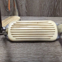 Thick Hvy Peacock Safety Stirrup Irons, grips, 1 elastic, keeper *gc, clean, stains, cracking elastics, discolored, rubs, scratchesmissing 1 els
