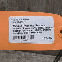 Thick Hvy Peacock Safety Stirrup Irons, grips, 1 elastic, keeper *gc, clean, stains, cracking elastics, discolored, rubs, scratchesmissing 1 els
