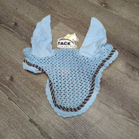 Crochet Fly Veil Ear Bonnet, 2x piping, v.big ears *vgc, v.curled& twisted, mnr stainsn, NO string, older?
