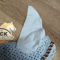 Crochet Fly Veil Ear Bonnet, 2x piping, v.big ears *vgc, v.curled& twisted, mnr stainsn, NO string, older?
