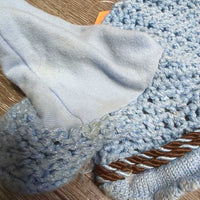 Crochet Fly Veil Ear Bonnet, 2x piping, v.big ears *vgc, v.curled& twisted, mnr stainsn, NO string, older?
