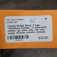 Cotton Stable Sheet, 2 legs, "Westbury Stables", 2 removable chests *gc, clean, pilly, mnr hair, snags, threads, puckers, threads

