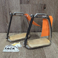 Hvy Peacock Safety Stirrups, grips, els, keepers *gc, stains, cracked els, residue, dirt
