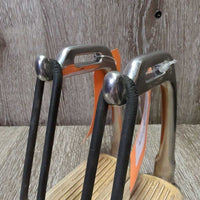 Hvy Peacock Safety Stirrups, grips, els, keepers *gc, stains, cracked els, residue, dirt

