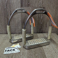 Flexi Stirrup Irons, Cheese Grater Grips *gc/fair, stiff & squeaky, dirt, scuffs, loose grips, rubs, cracking, stains, scratches
