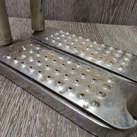 Flexi Stirrup Irons, Cheese Grater Grips *gc/fair, stiff & squeaky, dirt, scuffs, loose grips, rubs, cracking, stains, scratches
