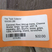 Flexi Stirrup Irons, Cheese Grater Grips *gc/fair, stiff & squeaky, dirt, scuffs, loose grips, rubs, cracking, stains, scratches
