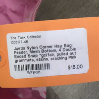 Nylon Corner Hay Bag Feeder, Mesh Bottom, 4 Double Ended Snap *gc/fair, pulled out grommets, stains, cracking
