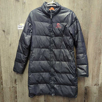 Long Puffe Jacket, zip *fair, dirty, shiny/rubbed, stains, curled lining, sm pocket edge holes, cuffs: v.pilly & rubbed

