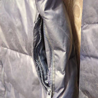 Long Puffe Jacket, zip *fair, dirty, shiny/rubbed, stains, curled lining, sm pocket edge holes, cuffs: v.pilly & rubbed
