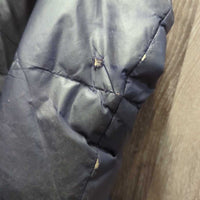 Long Puffe Jacket, zip *fair, dirty, shiny/rubbed, stains, curled lining, sm pocket edge holes, cuffs: v.pilly & rubbed
