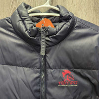 Long Puffe Jacket, zip *fair, dirty, shiny/rubbed, stains, curled lining, sm pocket edge holes, cuffs: v.pilly & rubbed
